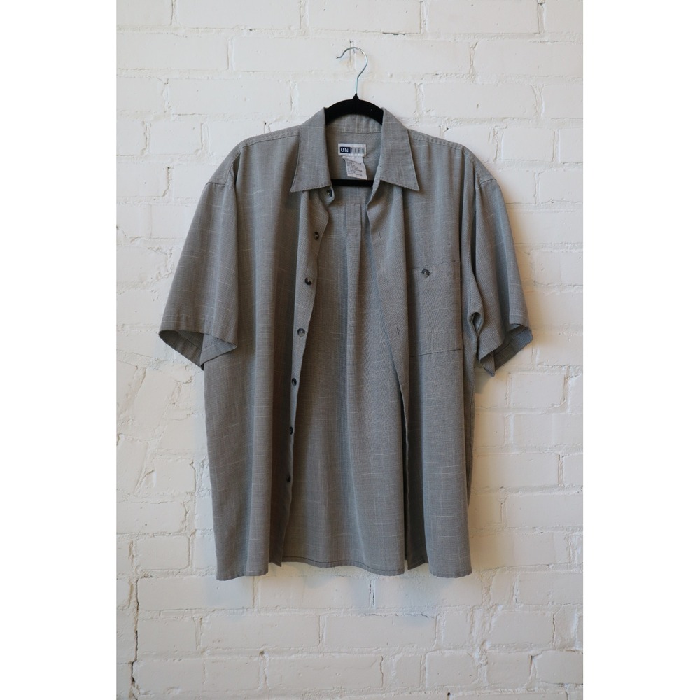 Untied Mens Large Gray White Micro Check Short Sleeve Button Down Shirt Rayon L